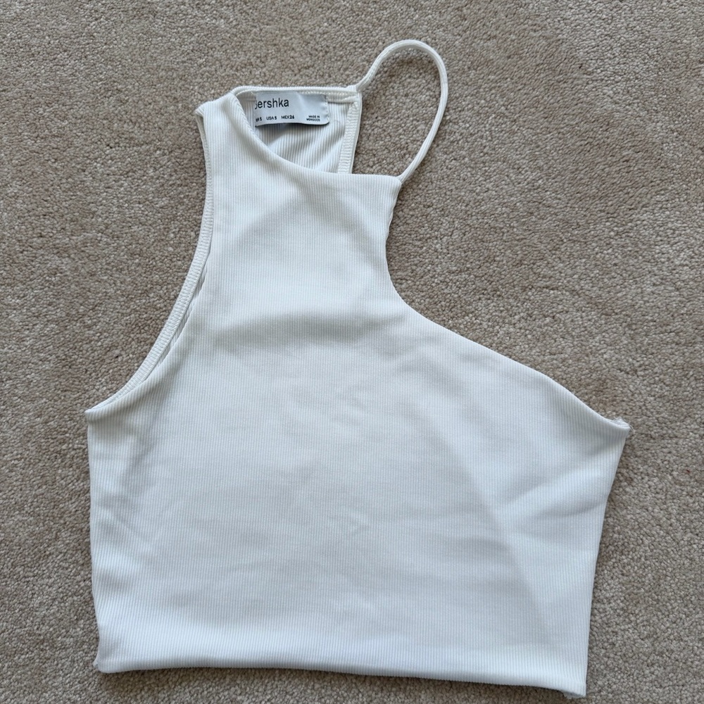 Bershka Cream Asymmetric Ribbed Tank Top